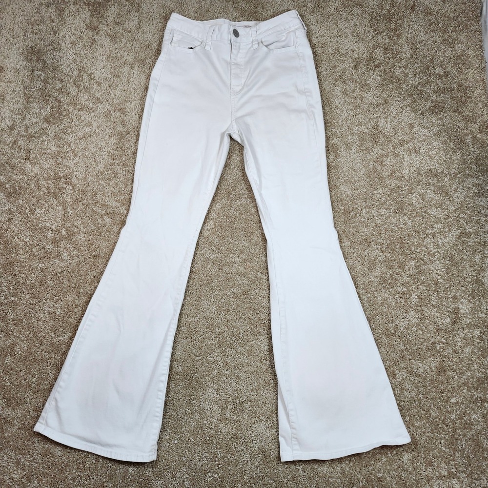 SO Flare Jeans High Rise Solid White Stretch Denim Retro Boho Size 11/30W